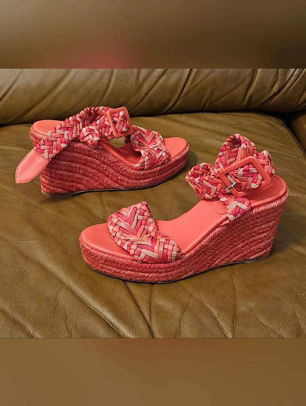 Hermes Coral Braided Espadrille Wedge Sandals Heels Size 5 US